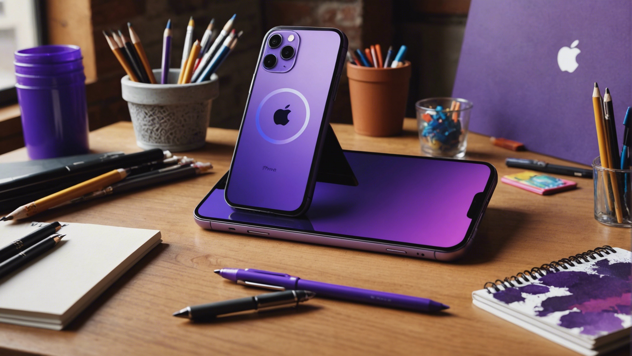 iPhone 14 Pro цвета Deep Purple в творческом рабочем пространстве 